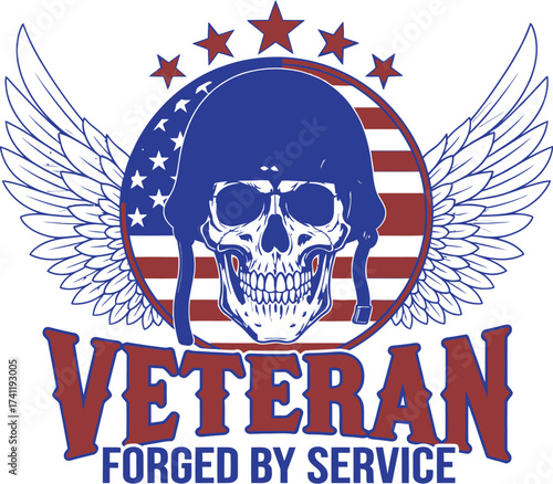 Veteran skull with american flag wings military helmet stars
