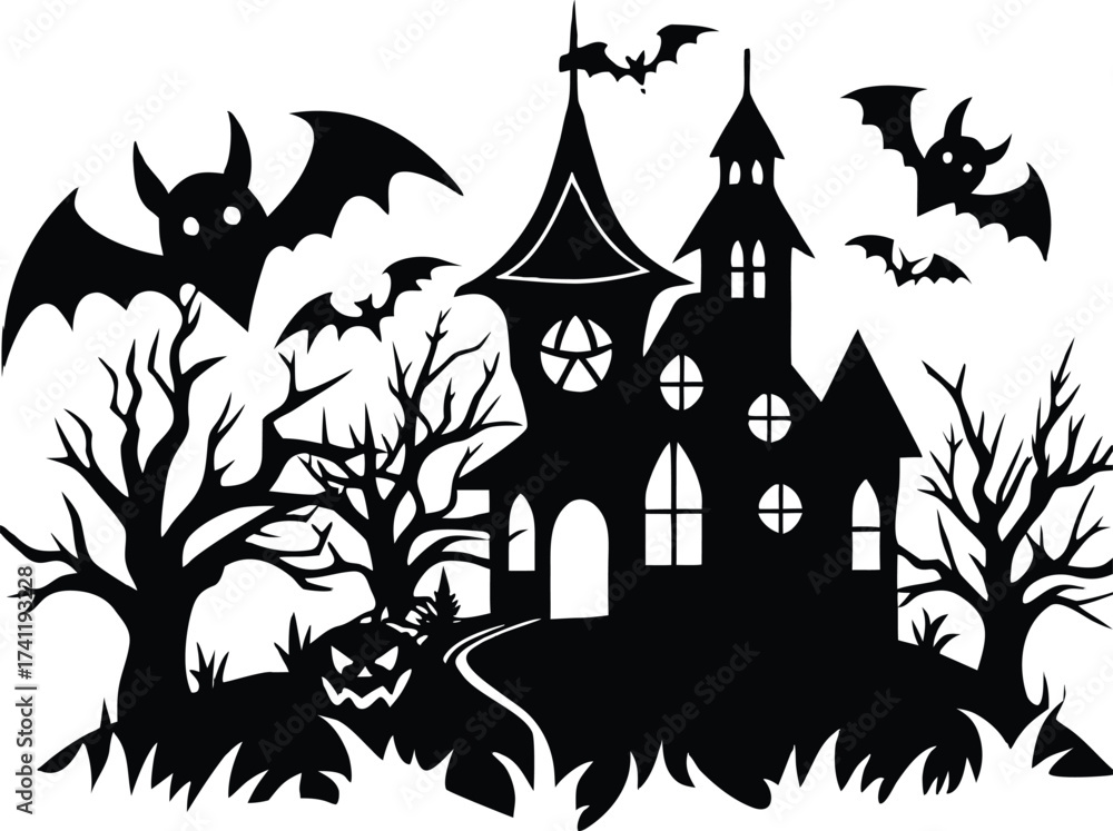 Fototapeta premium Halloween silhouette of a spooky haunted house with bats and a pumpkin, perfect for halloween decorations and spooky designs