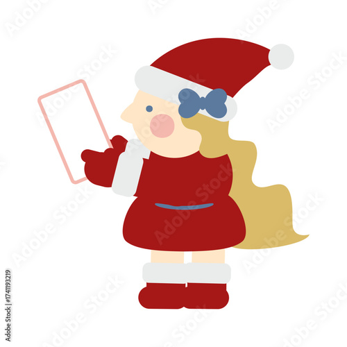 スマホをタッチするかわいい女の子のサンタクロース