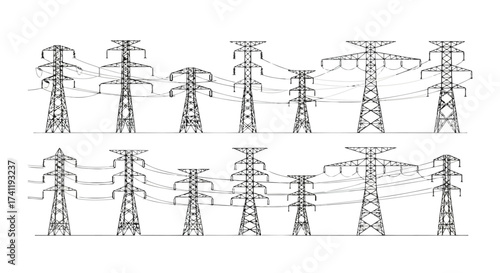 Vector illustration of set of high voltage power pylons electricity transmission towers for energy distribution electrical grid infrastructure vector illustration