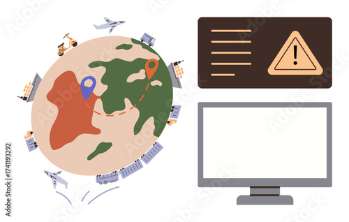 Earth with transport vehicles, map pins marking locations, and a computer screen displaying warning alert. Ideal for logistics, delivery, global trade, supply chain, technology, planning risk