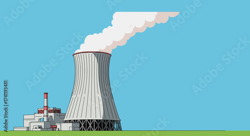 Cooling tower with vapor trail against blue sky in urban landscape  
