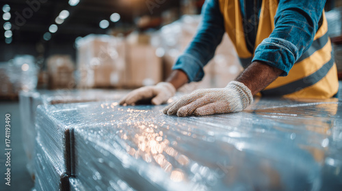 Worker securing packages with stretch wrap in warehouse close-up.