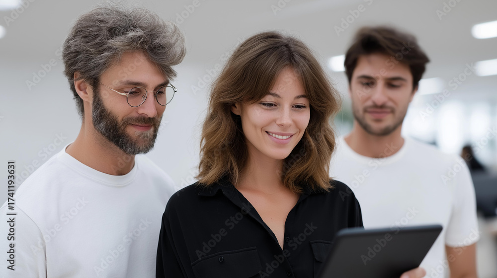 Fototapeta premium Group exploring tech analytics on a tablet, digital innovation in business planning, technology advancement in strategy development, smart solutions for data insights