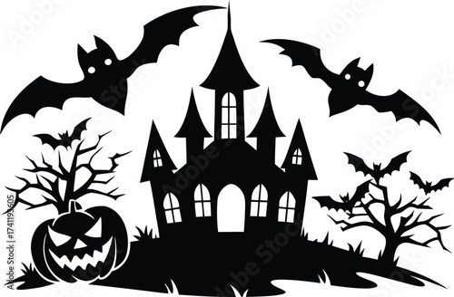 Halloween spooky halloween scene featuring a haunted house, bats flying around, and a grinning jackolantern in a silhouette style