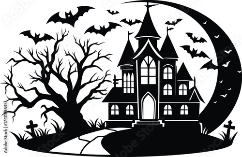 Halloween spooky halloween night featuring a haunted house, bats, and a crescent moon in a black silhouette for a scary atmosphere