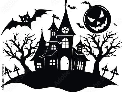 Halloween eerie halloween scene with a haunted mansion, bats, and a carved pumpkin in a black silhouette style for a spooky atmosphere