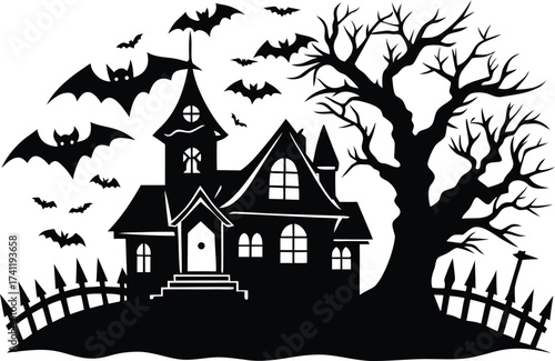 Halloween eerie halloween night scene featuring a haunted house, bats, bare tree, and fence in a black and white vector illustration
