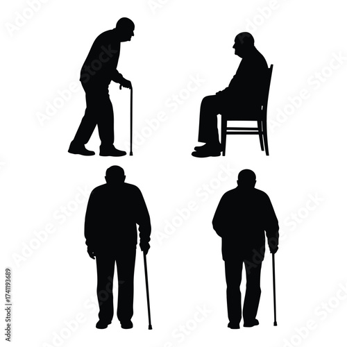 Elderly people silhouettes set with walking aids and seated poses silhouette