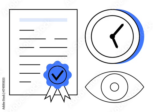 Document with approval badge, clock indicating time management, eye symbolizing oversight and visibility. Ideal for certification, validation, time tracking, compliance, monitoring, quality