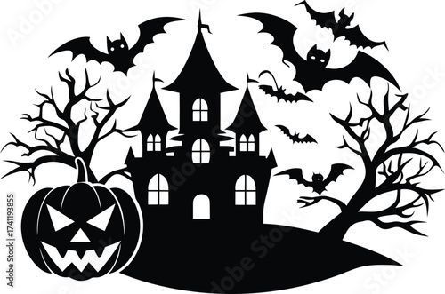 Halloween eerie halloween scene silhouette, featuring a haunted castle, bats, a spooky pumpkin, and bare trees for festive designs