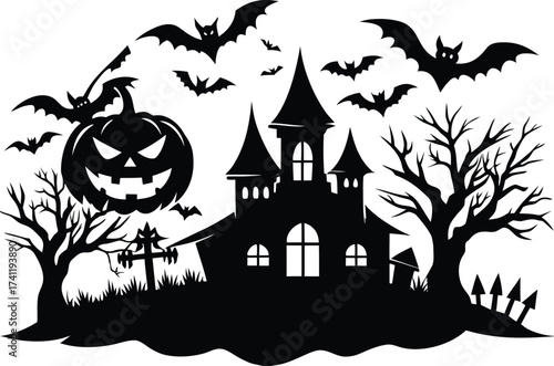 Halloween spooky halloween silhouette illustration featuring a haunted house, bats, bare trees, a pumpkin, and tombstones creating a creepy scene