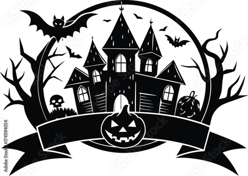 Halloween eerie halloween night silhouette illustration featuring a haunted house, bats, pumpkin, and skull, perfect for spooky designs