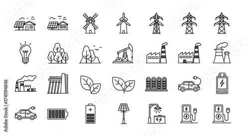 Vector illustration of a set of energy and electricity icons, featuring solar panels, windmills, power lines, and electric vehicles