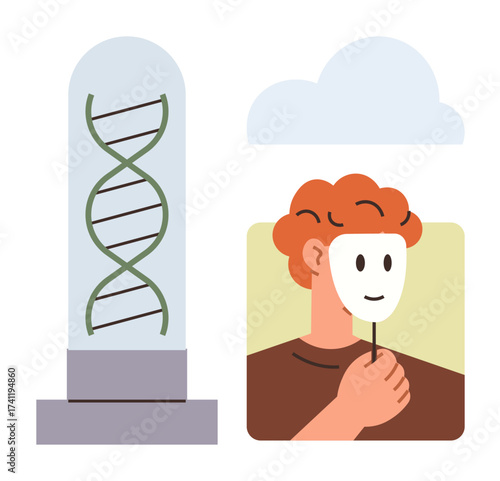 DNA strand in a glass case next to a person holding a mask. Ideal for identity, authenticity, genetics, analysis, human nature, introspection, self-discovery. Simple flat metaphor