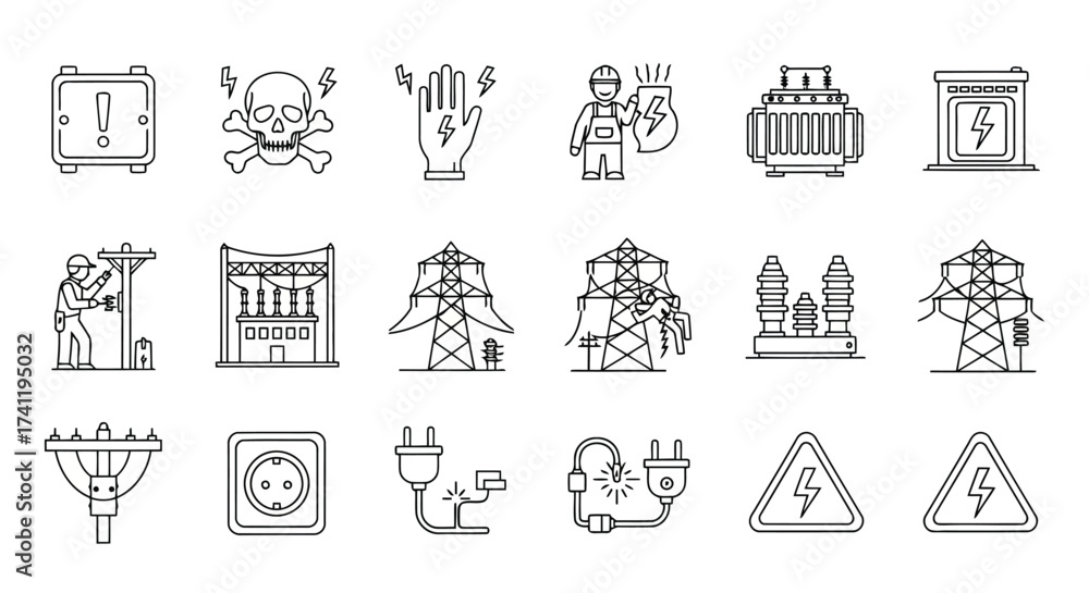 Naklejka premium Vector illustration of set of electricity and power icons, representing electrical safety, equipment, and infrastructure in a linear style