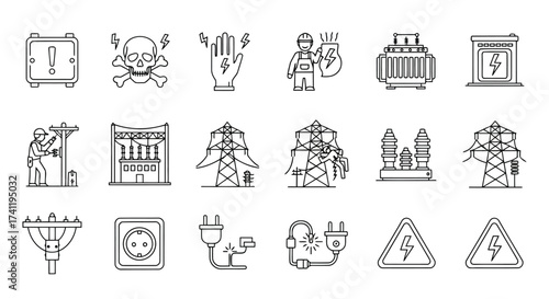 Vector illustration of set of electricity and power icons, representing electrical safety, equipment, and infrastructure in a linear style