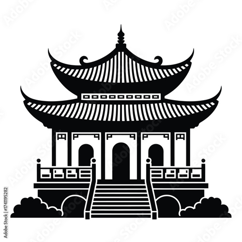 Traditional asian pagoda architecture silhouette with stairs