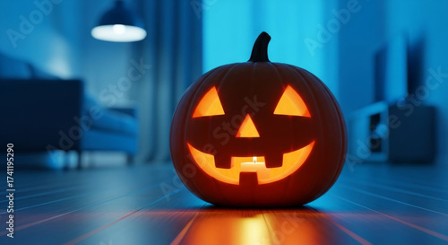 Jack o lantern with glowing face sits on wooden floor in cozy living room, creating festive and spooky Halloween atmosphere with warm candlelight