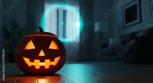 Glowing jack o lantern pumpkin with carved face sits on wooden floor in cozy living room at night, candlelight casting spooky shadows, Halloween atmosphere, mysterious blue light in background