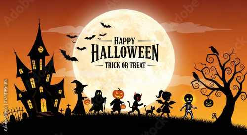 Happy Halloween trick or treat full moon haunted house witch pumpkin bat skeleton spooky tree graveyard children costume parade festive night