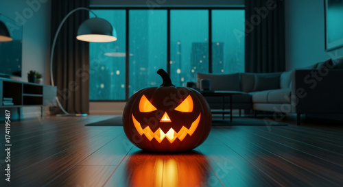 Glowing jack o lantern carved pumpkin Halloween decoration spooky atmosphere modern living room wooden floor city view cozy night festive mood