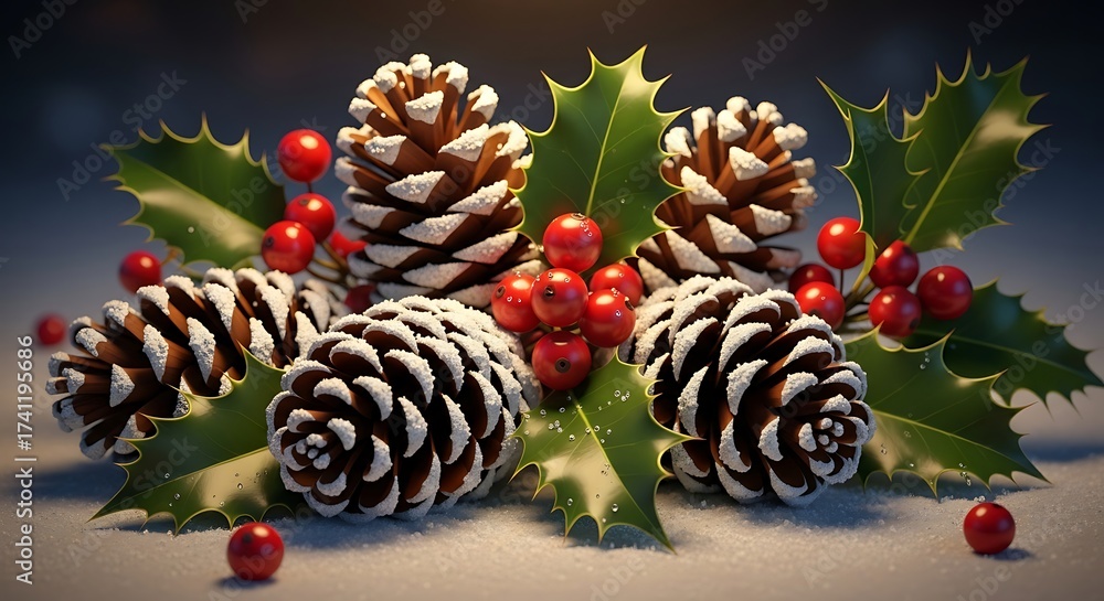 Obraz premium Festive Christmas Arrangement with Pine Cones, Holly, and Berries.