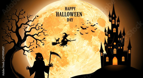 Happy Halloween day illustration with full moon haunted castle flying witch black cat bats spooky tree and grim reaper creating mysterious and eerie night scene