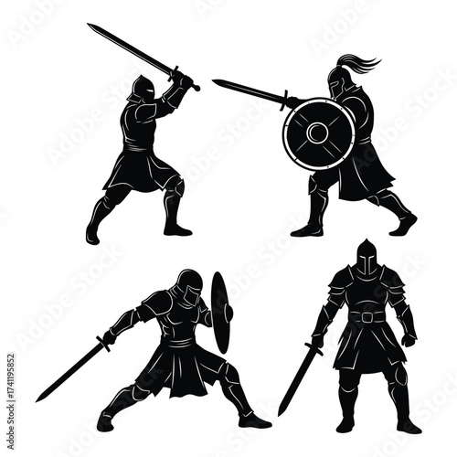 Epic medieval warrior silhouettes featuring swords shields and fierce combat poses for digital design projects silhouette