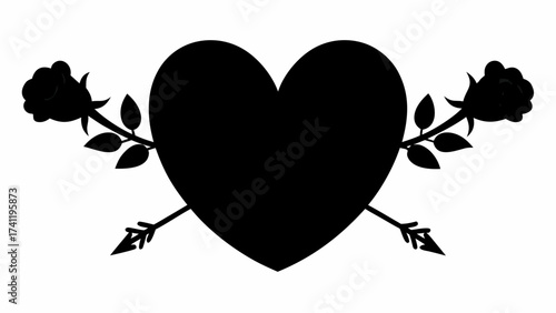Silhouette of a heart pierced by arrows with roses on either side in a simple black and white design
