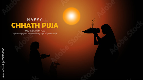 Silhouette Illustration of Women Performing Chhath Puja at Sunset