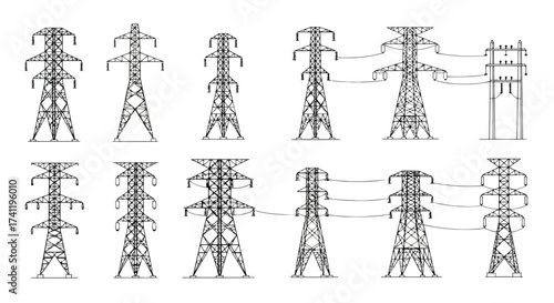 Vector illustration of set of electricity pylon icons power transmission line tower electric pole silhouette high voltage supply vector illustration
