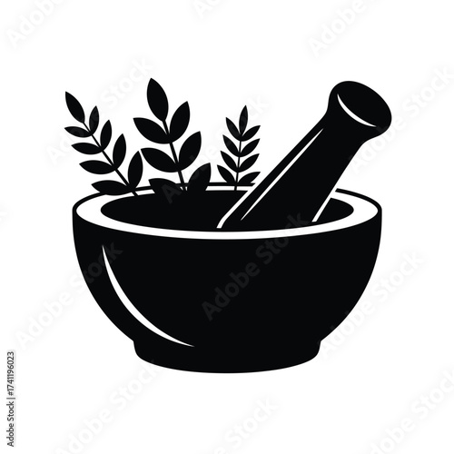 Black silhouette of mortar and pestle with herbs for natural medicine