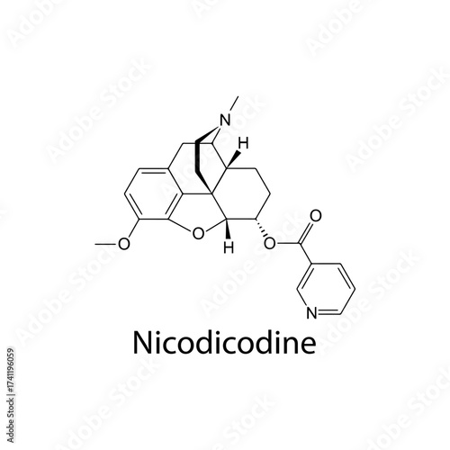 Nicodicodine molecular structure, semi-synthetic opioid analgesic and antitussive drug, clean scientific vector diagram, flat skeletal chemical formula isolated on white background
