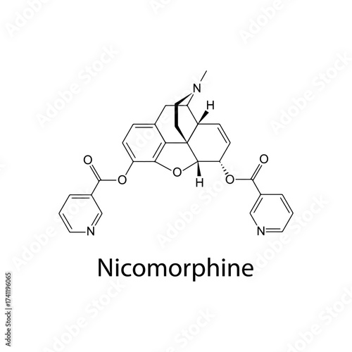 Nicomorphine molecular structure, semi-synthetic opioid analgesic drug for pain management, clean scientific vector diagram, flat skeletal chemical formula isolated on white background