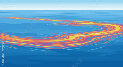 Oil film on ocean water with colorful swirling patterns  