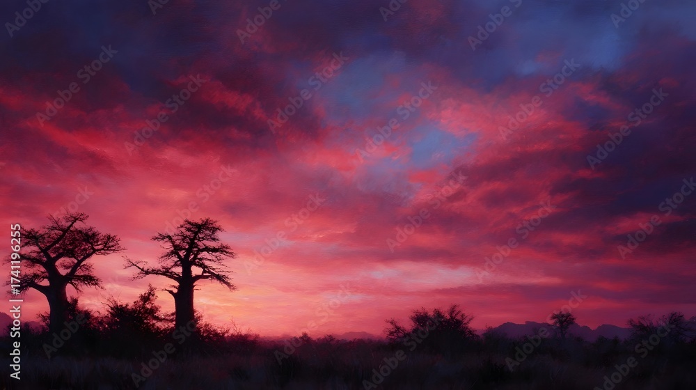 Obraz premium African baobab trees silhouetted against a dramatic vivid sunset sky over the savanna