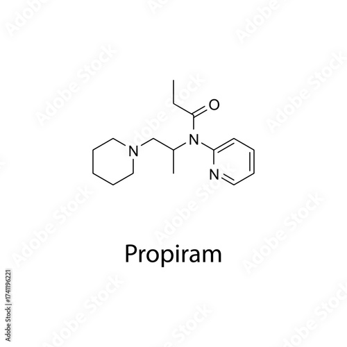 Propiram molecular structure, atypical synthetic opioid analgesic drug for moderate pain, clean scientific vector diagram, flat skeletal chemical formula isolated on white background
