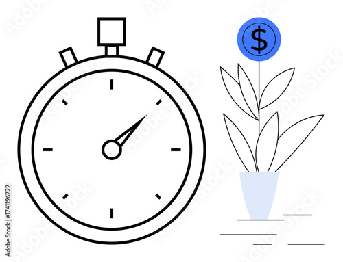 Stopwatch beside a growing potted plant with a dollar sign coin, symbolizing time, investment, growth, and value creation. Ideal for finance, productivity, time management, efficiency investment