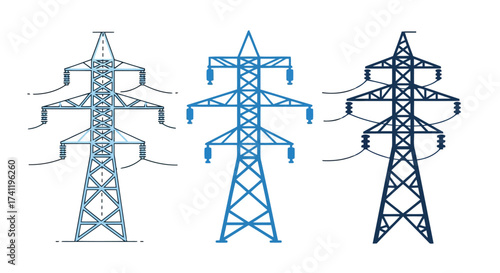 Vector illustration of set of electricity pylon icons power transmission line tower electric pole silhouette high voltage supply vector illustration