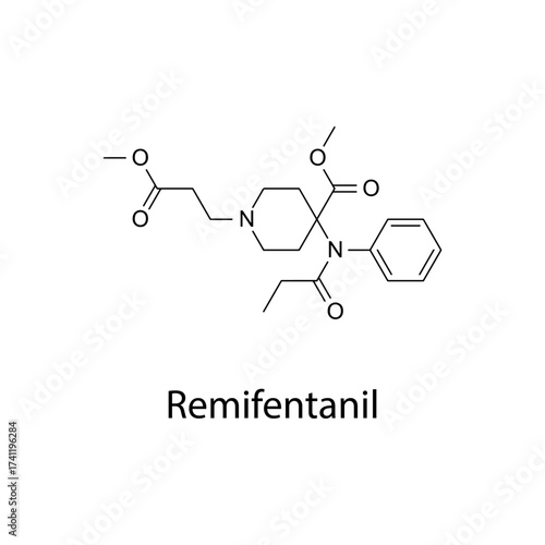 Remifentanil molecular structure, ultra-short-acting synthetic opioid analgesic drug used in anesthesia, clean scientific vector diagram, flat skeletal chemical formula isolated on white background