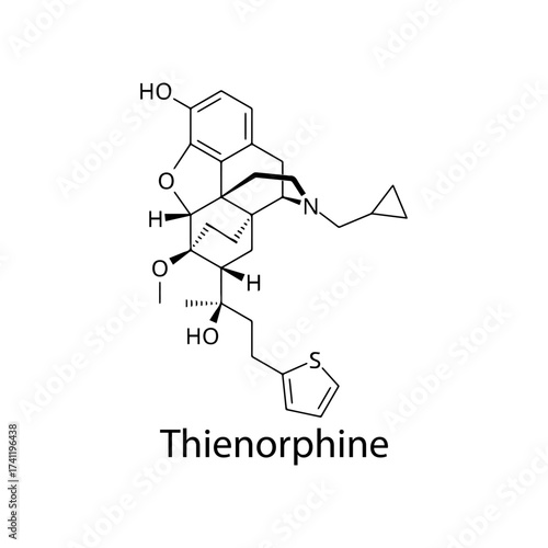 Thienorphine molecular structure, potent mixed opioid receptor partial agonist analgesic research compound, clean scientific vector diagram, flat skeletal chemical formula isolated on white background