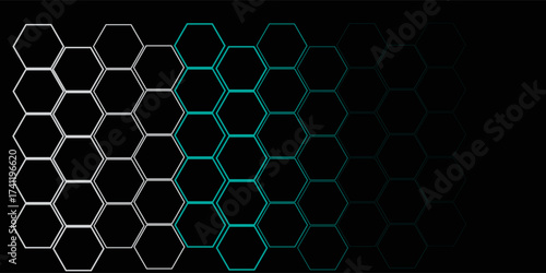 Black background with cyan color hexagon grid. Glowing hex background