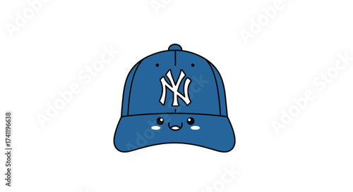 Kawaii Style Detailed Baseball Cap with Smiling Face Illustration