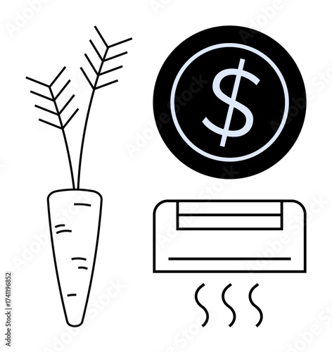 Carrot with leaves, dollar sign in black circle, air conditioner with heat waves. Ideal for sustainability, agriculture, finances, eco-friendly living, energy saving, farming renewable energy