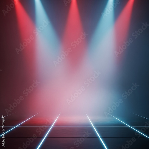 Dynamic Stage Lighting: Empty Platform Bathed in Vivid Red and Blue Spotlights with Atmospheric Fog and Luminous Floor Lines