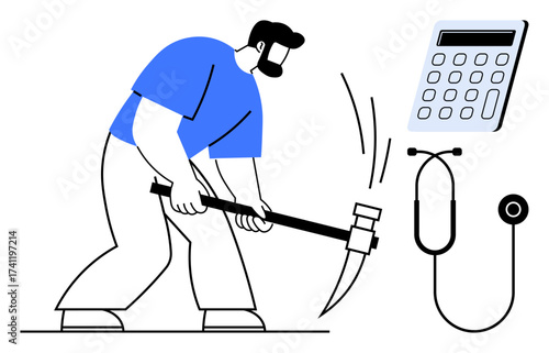 Person striking with sledgehammer alongside calculator and stethoscope, symbolizing problem-solving, decision-making, financial, healthcare, labor efforts. Ideal for productivity, conflict