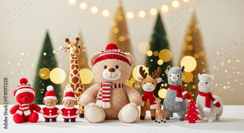 Plush bear, giraffe, reindeer, alpaca, and festive dolls wear red hats and scarves, surrounded by Christmas trees and lights, creating joyful holiday atmosphere with soft toys