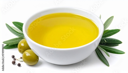 Wallpaper Mural Describe a white bowl of golden-yellow olive oil surrounded by green olive leaves and three green olives on a white surface. Highlight its purity, symmetry, and natural culinary origin. Torontodigital.ca