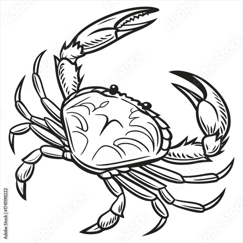 Ocean Warrior, Crab Line Art Vector, Coastal Guardian, Sea Crab Tattoo Design, Marine Life Sketch – Crab, Beachside Creature Illustration, Elegant Crab Outline, Aquatic Art – Crab Vector